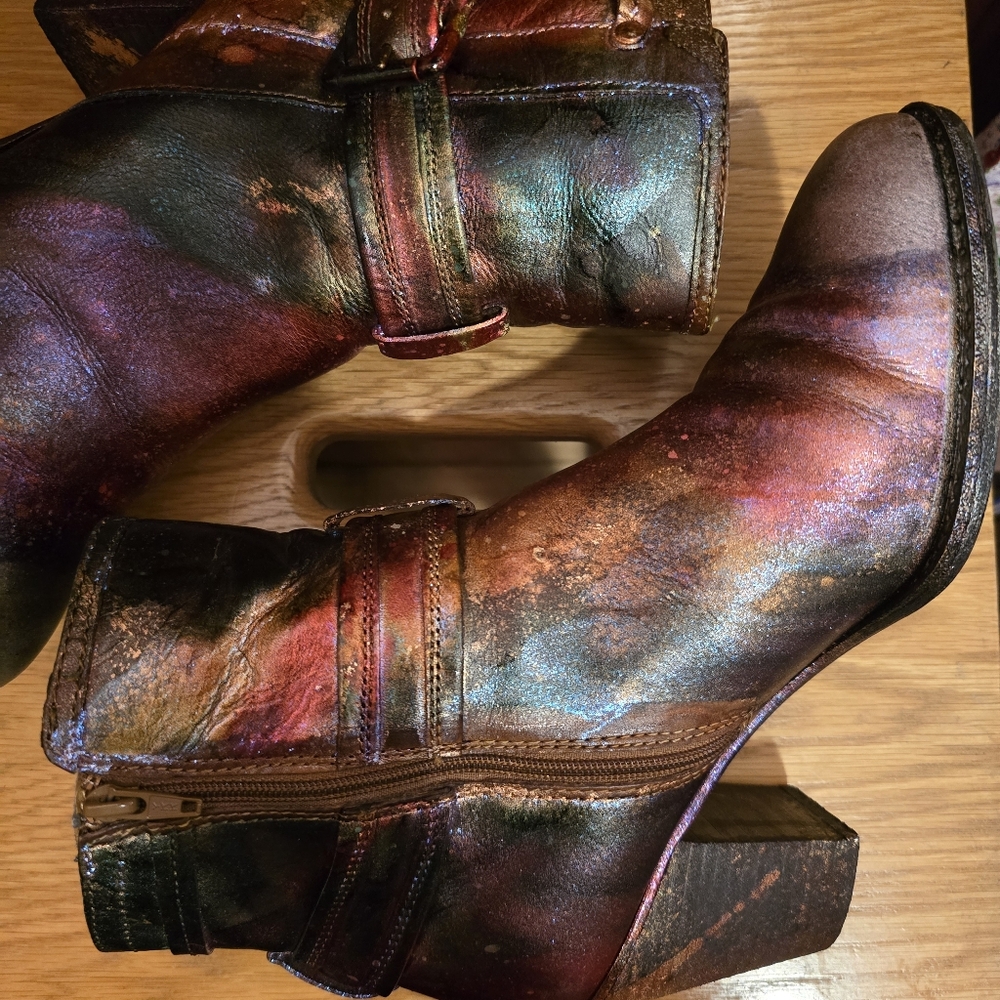 HANDCRAFTED Upcycled Leather Boots HANDPAINTED Size 9M Ankle Bootie Wearable Art - Picture 9 of 17